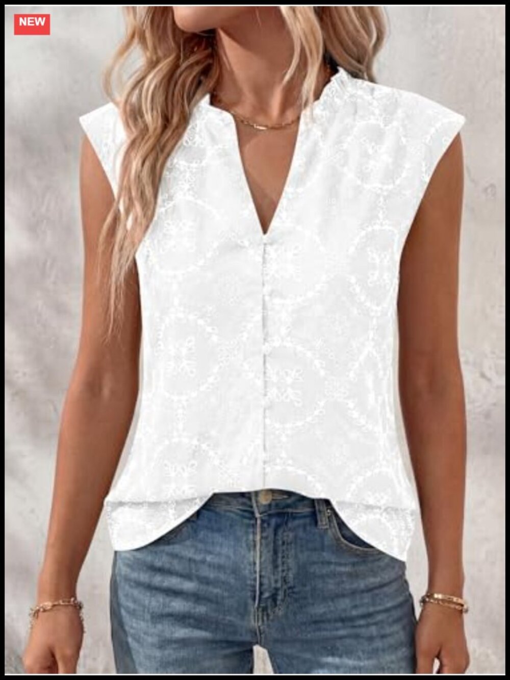 Boho Sleeveless Button Down Shirt, 100% Cotton Eyelet Embroidered Blouse, - Picture 2 of 6